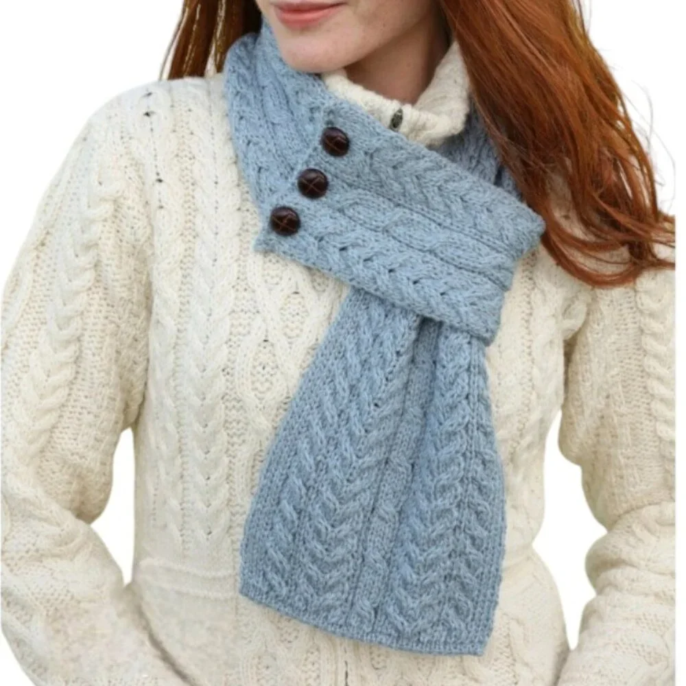 Aran Irish Button Loop Scarf 100% Merino Wool Cable Knit Scarf | Made in Ireland - Picture 2 of 7